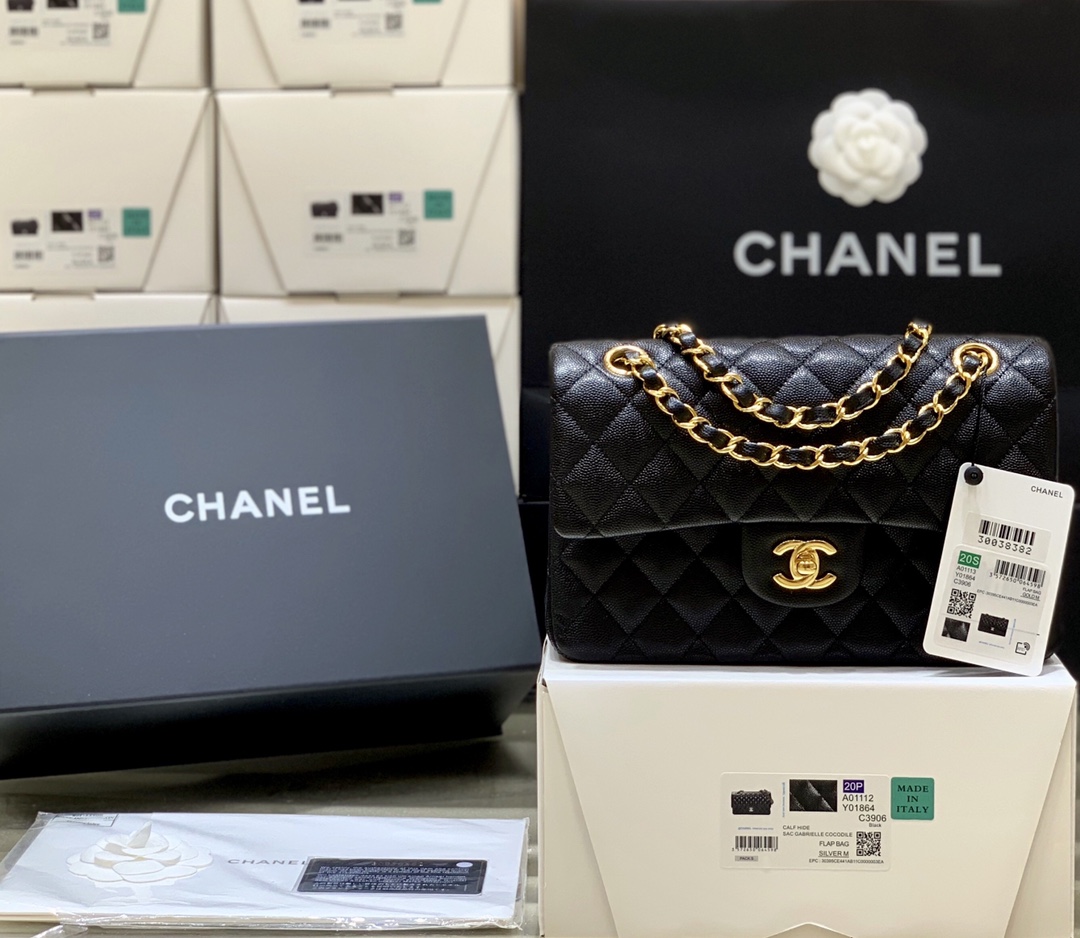 Ch@nel Flap Bag-(Black Inside)Caviar-23CM