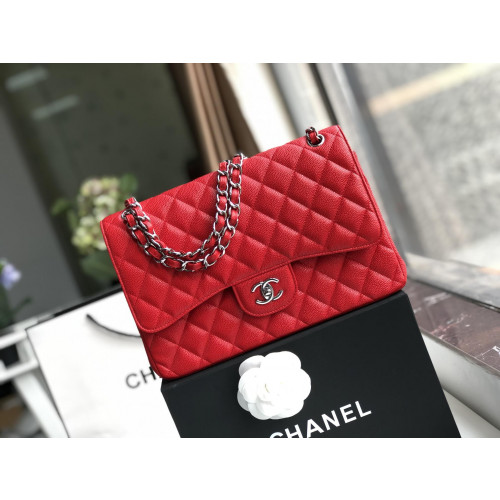 Ch@nel Flap Bag-Cavir Leather-Silver-30CM