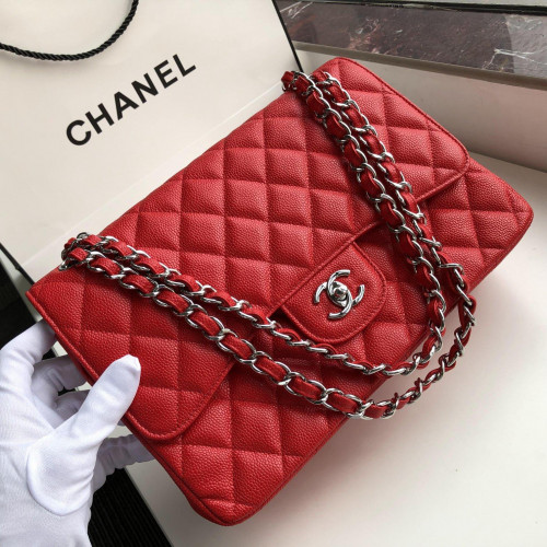 Ch@nel Flap Bag-Cavir Leather-Silver-30CM