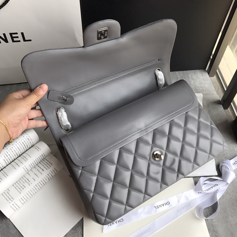 Ch@nel Flap Bag-Lambskin-Silver-30CM