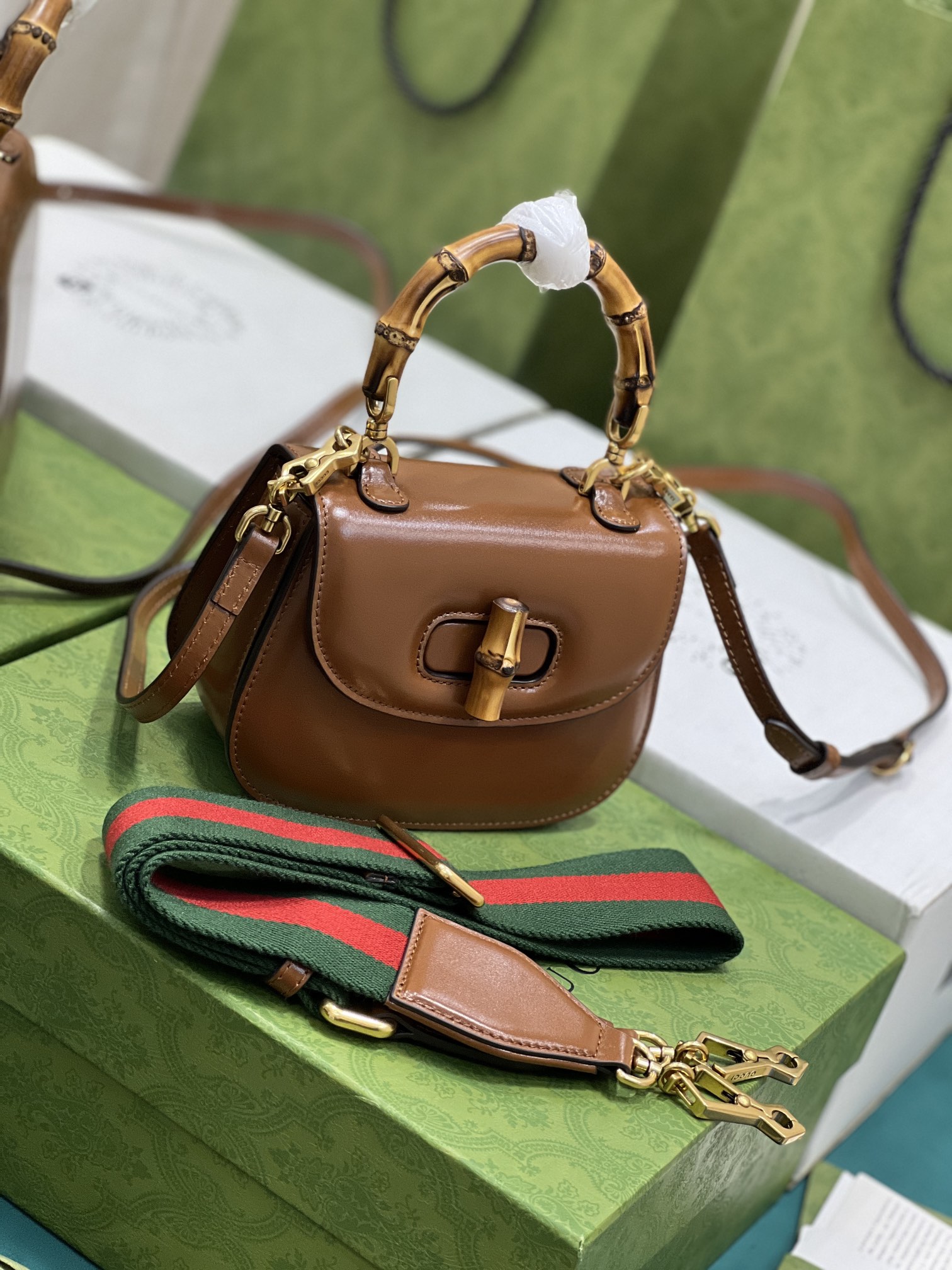 G*u*i top handle bag with bamboo-17*12*7.5&21*15*7cm