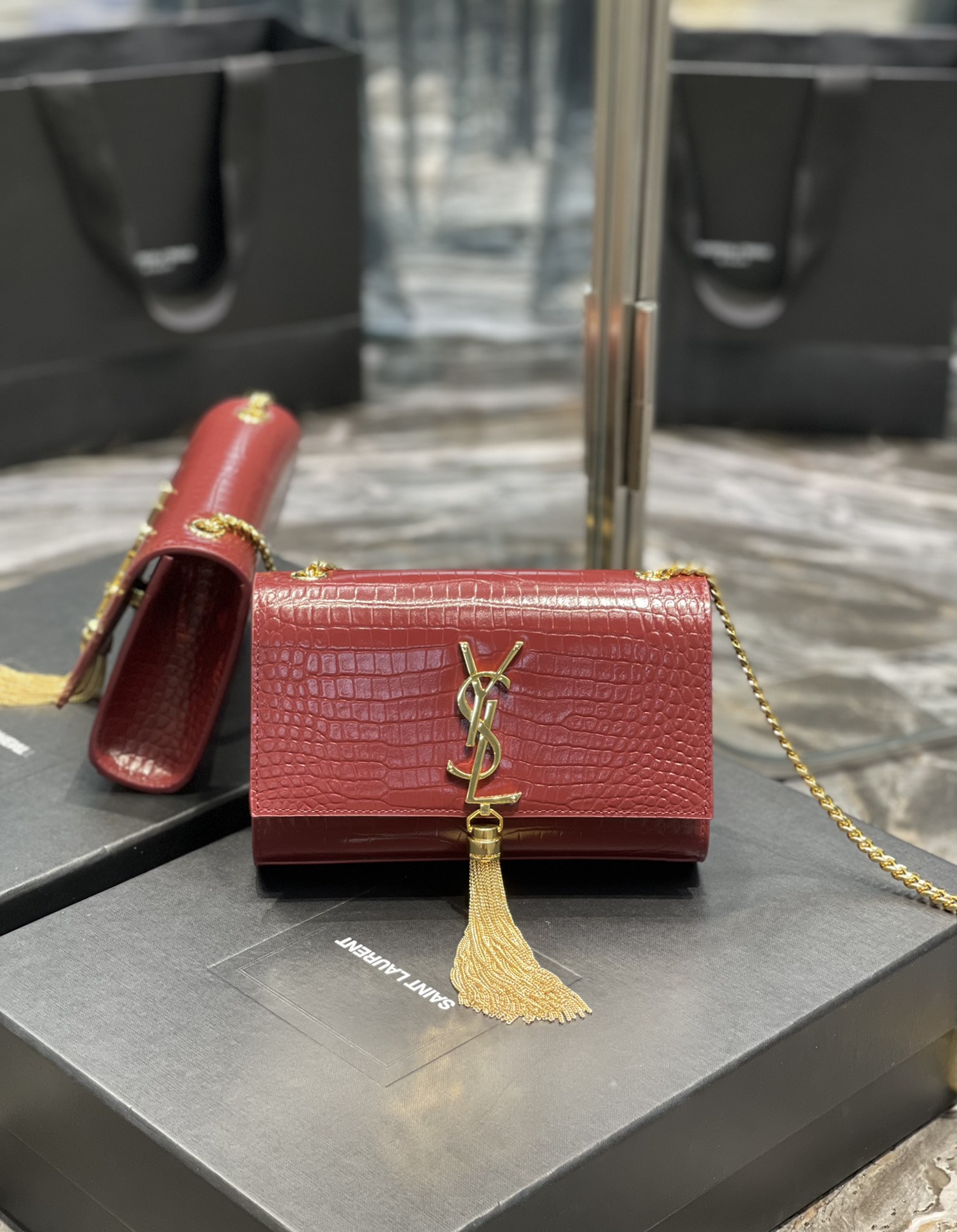 Y*L kate medium with tassle in crocodile leather-20x13.5x5.5ccm