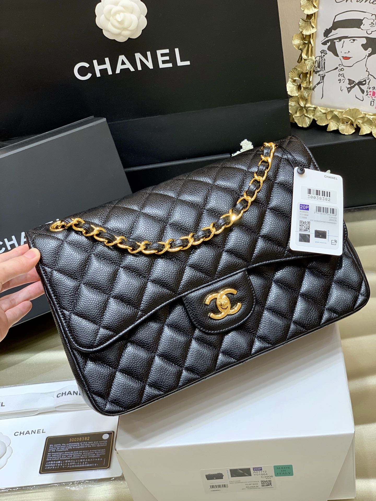Ch@nel Flap Bag-Cavir Leather-Gold-30CM