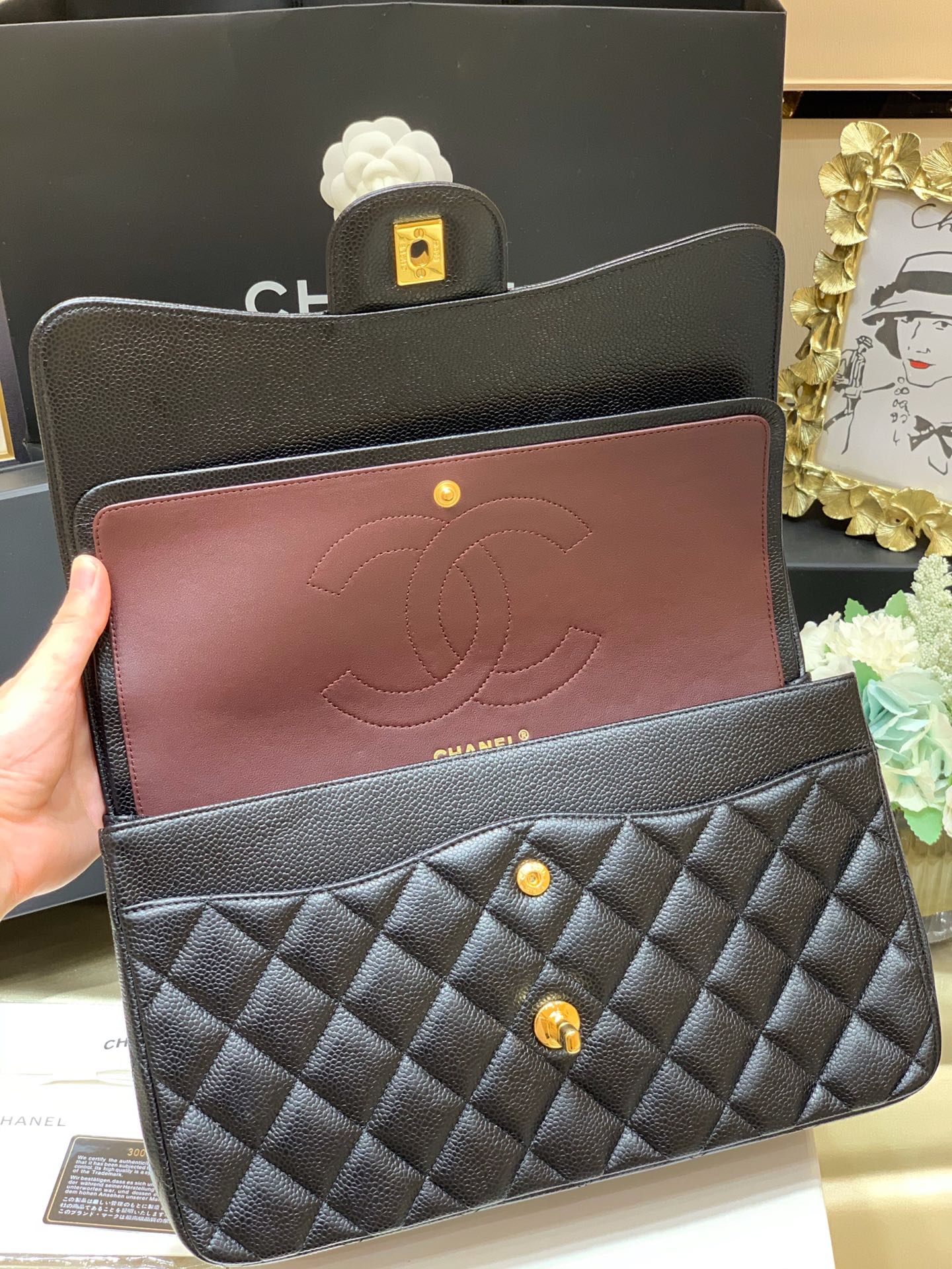 Ch@nel Flap Bag-Cavir Leather-Gold-30CM