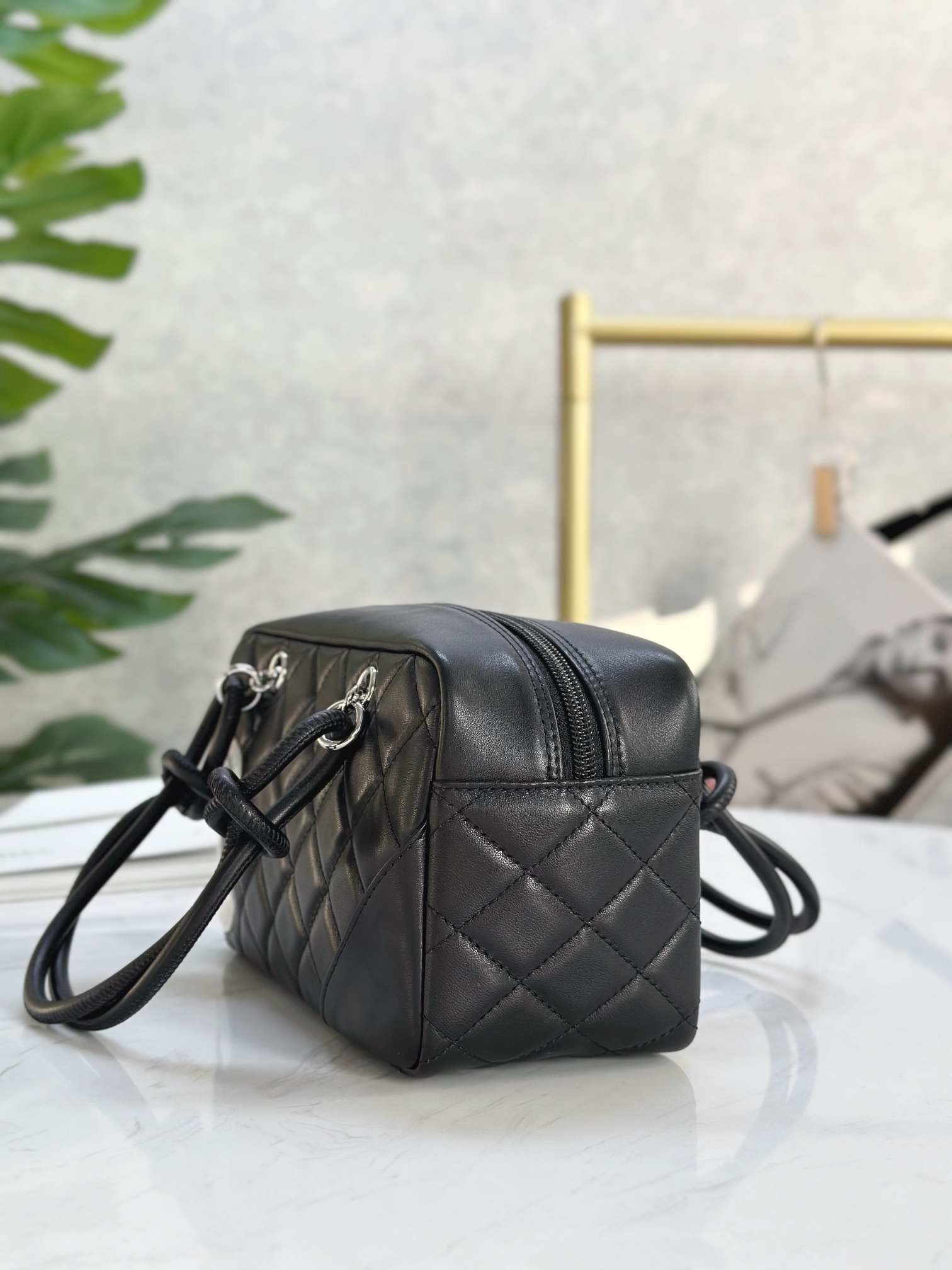 Ch@nel Calfskin Quilted Small Cambon Bowler Black White-19.5*10.5*9CM