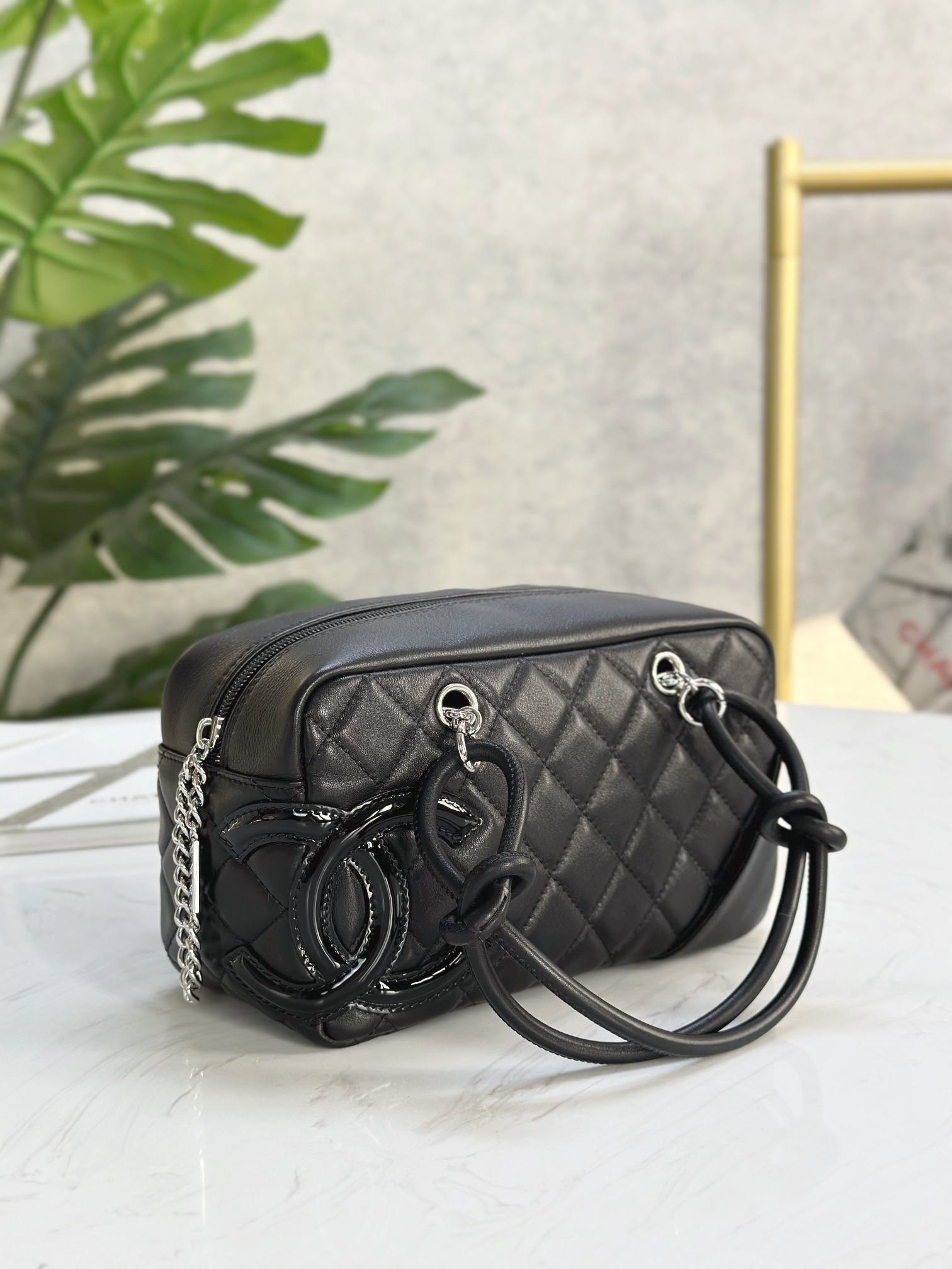 Ch@nel Calfskin Quilted Small Cambon Bowler Black-19.5*10.5*9CM